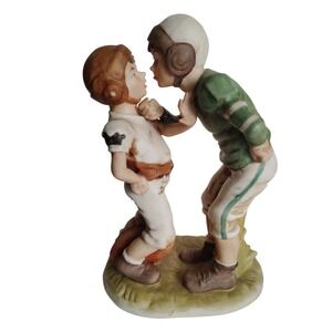 Vintage Bisque Porcelain Football Players Figurine Sports Decor Mid Century